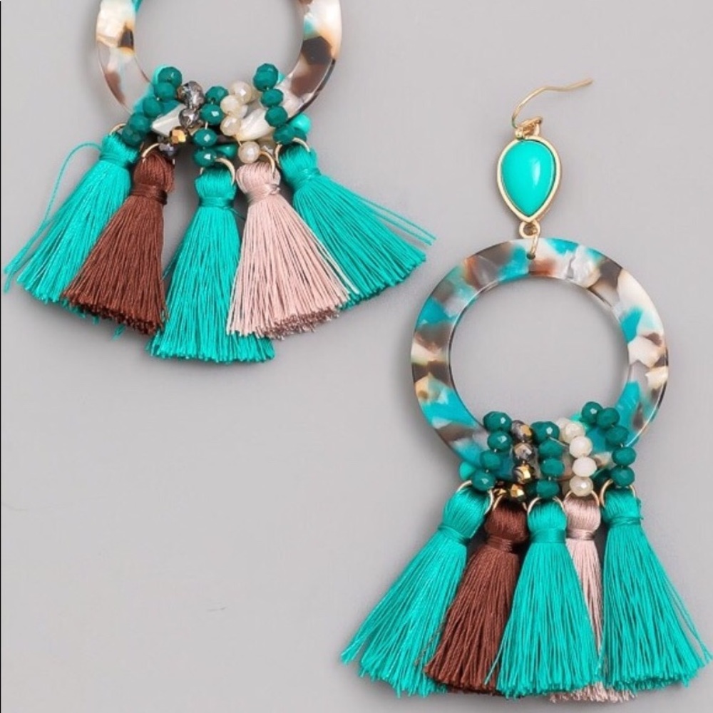 Turquoise acetate beaded fringe dangle earrings - Picture 2 of 8